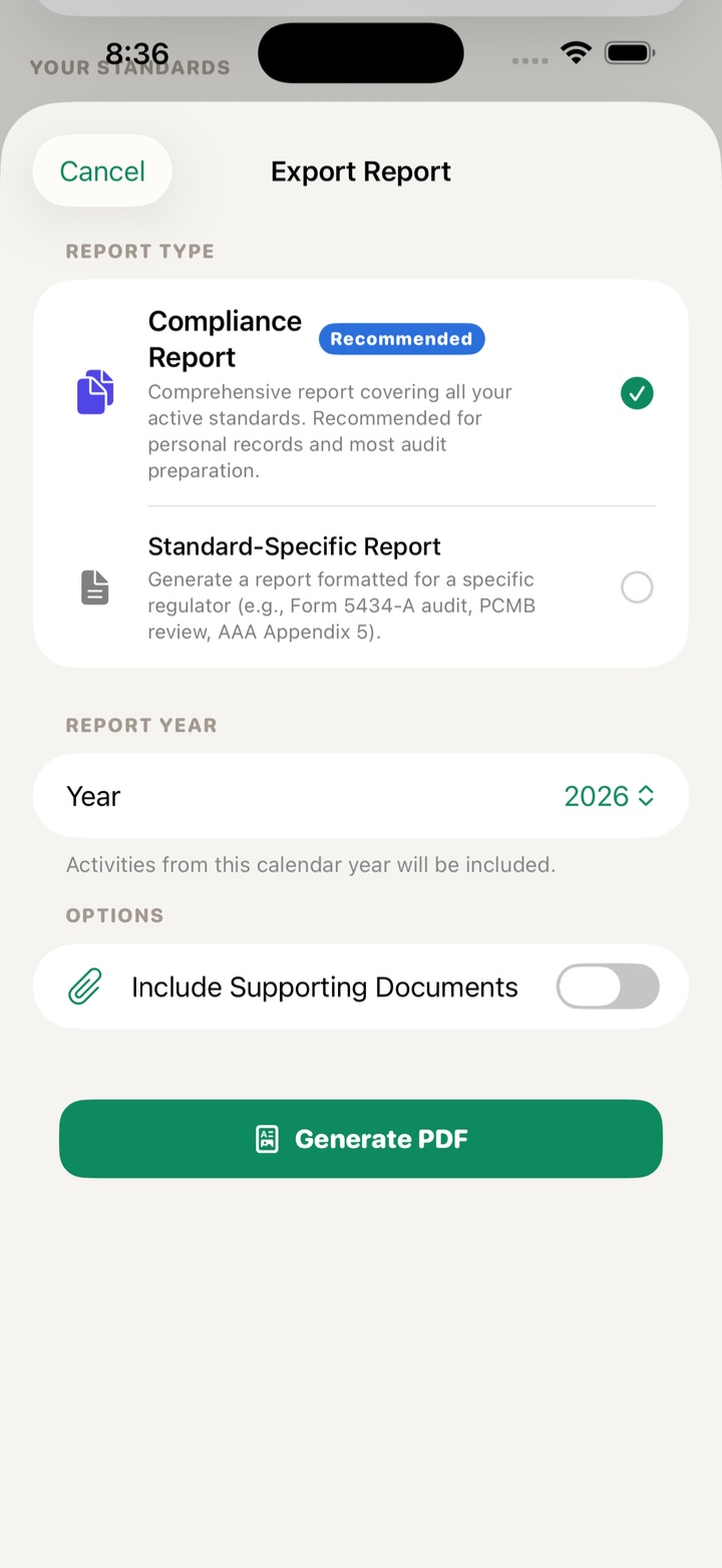 Export report screen